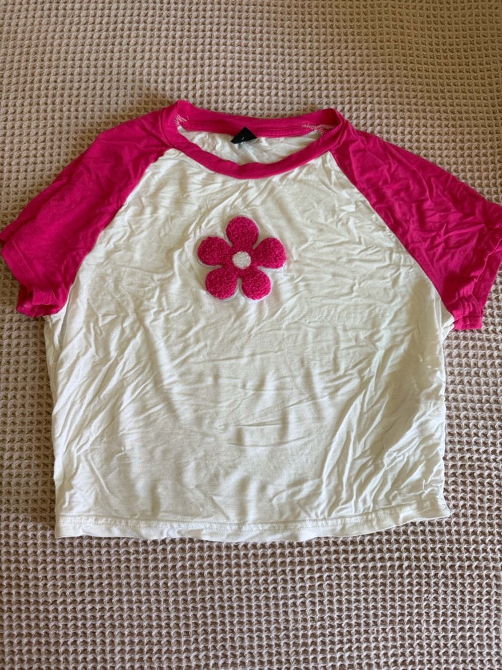 White & Pink Floral Raglan Crop Top with Center Appliqué